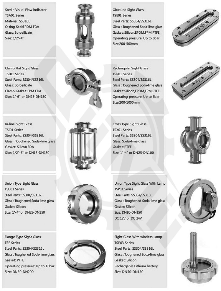 Qiimii Clamp Flat/Union Type/Flange Type/in-Line Sight Glass View/Visual Glass Sight Glass